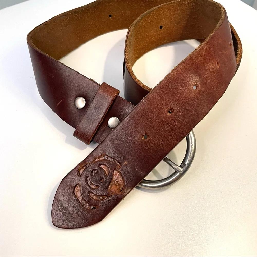 Vintage Buckle Genuine Leather 3D Roses & Jewels Brown M